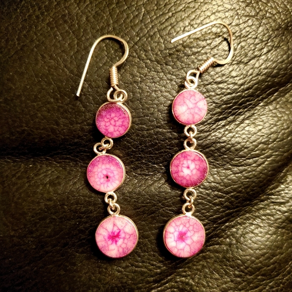 New 3 Pink Solar Quartz Agate Drop Silver Earrings. - Picture 5 of 11